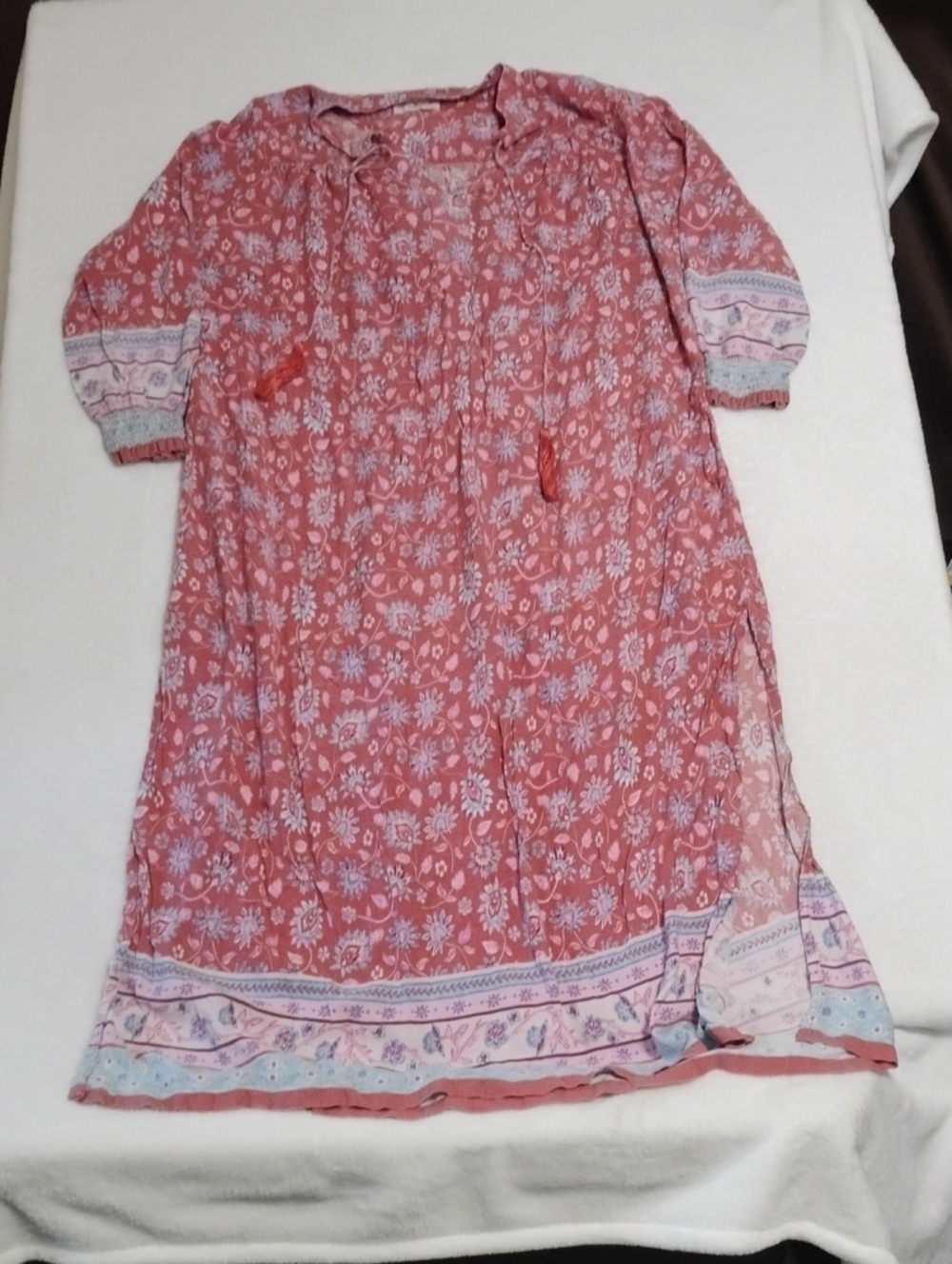 NATURAL LIFE Coral Pink Floral Boho Midi Dress with Tassel Tie